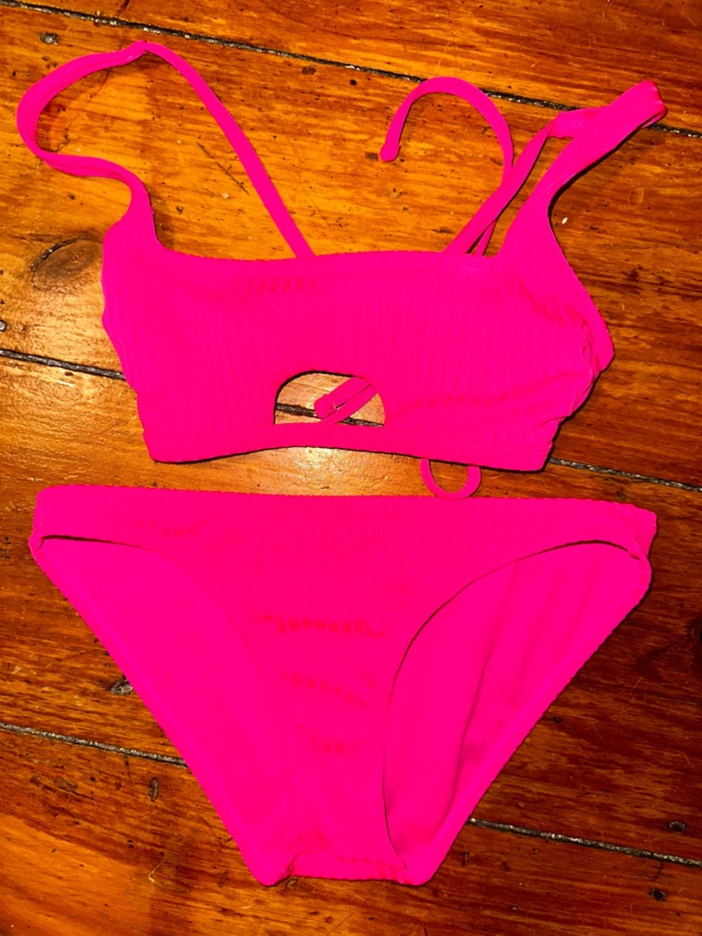 Xhilaration Neon Pink Ribbed Cutout Bikini Top and Bottom